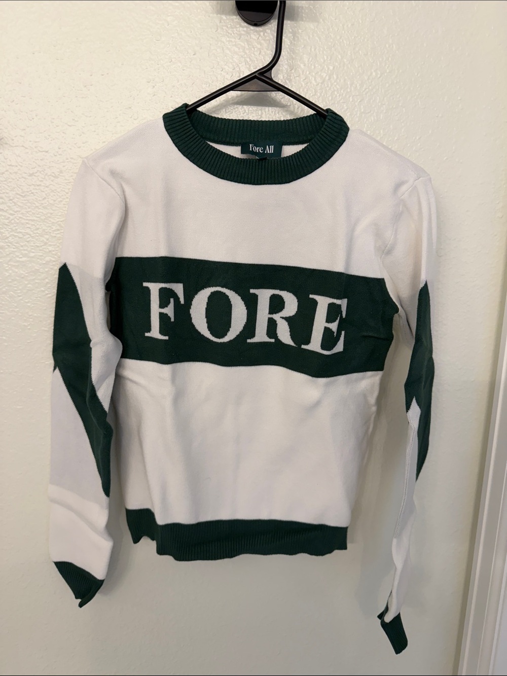 FORE All White Crewneck Sweater with Green Chest Stripe